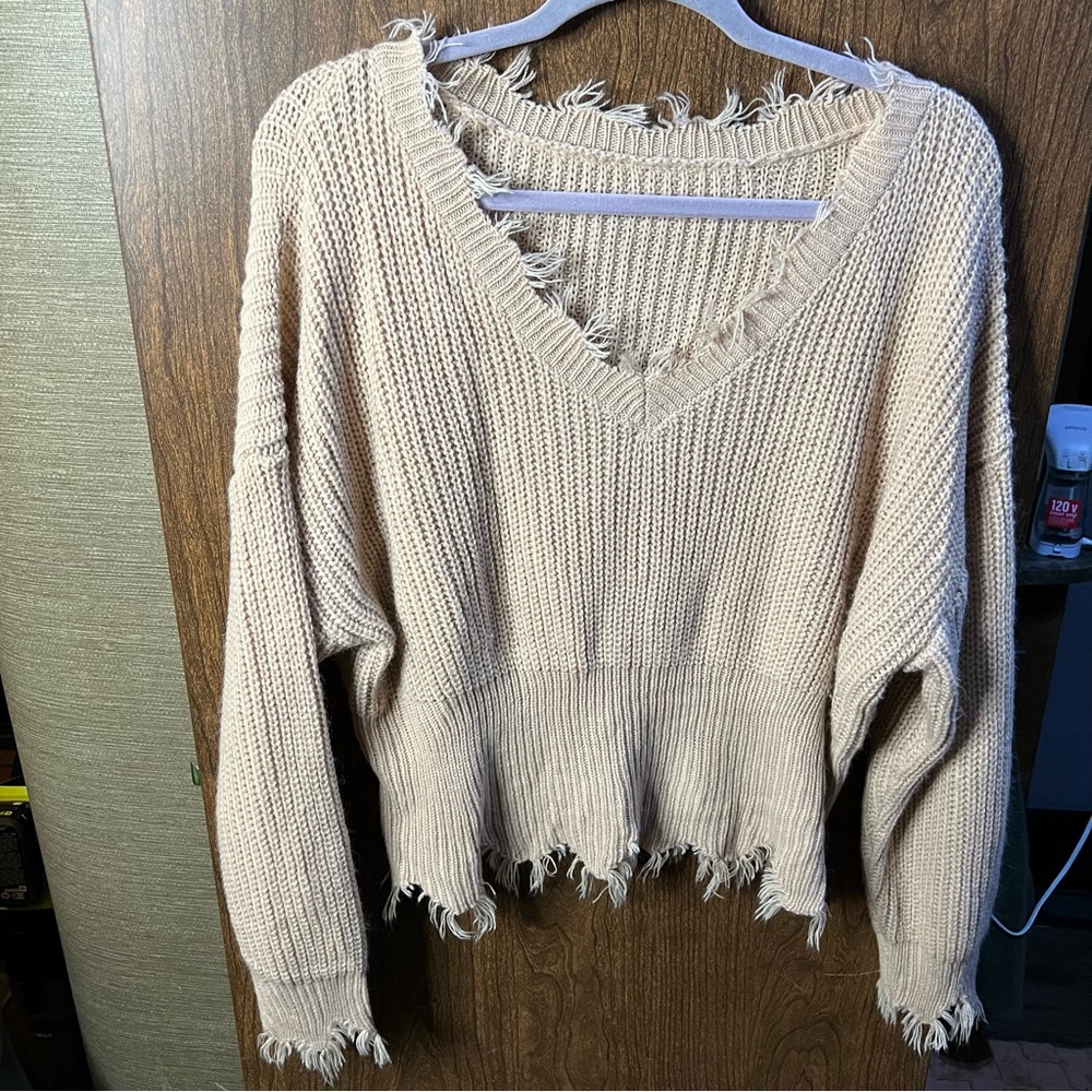 Shein tan raw hem v neck cropped sweater size medium